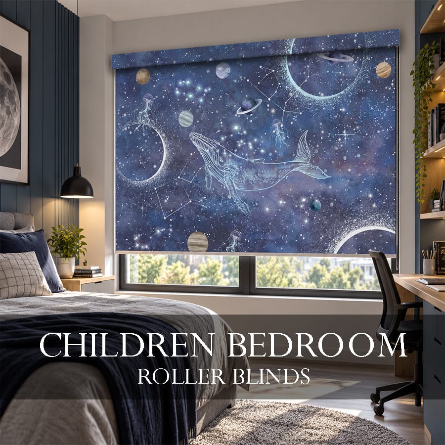 Custom printed children's roller blinds featuring a blue galaxy design with planets, stars, constellations, and a whale illustration in a modern teenager's bedroom | Walls On Click