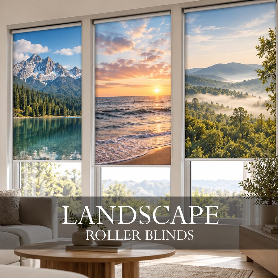 Custom landscape roller blinds featuring mountain lake, ocean sunset, and misty forest scenery