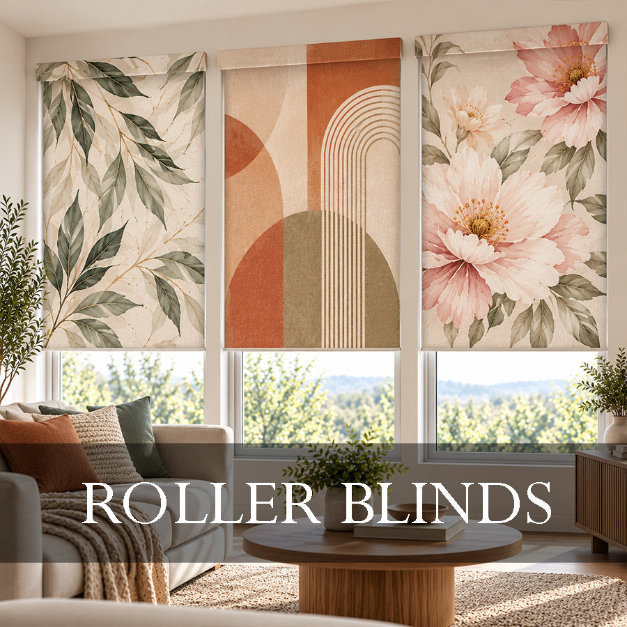 Custom printed roller blinds with seamless 3-inch fabric pelmets featuring botanical, geometric, and floral designs in a modern living room | Walls On Click