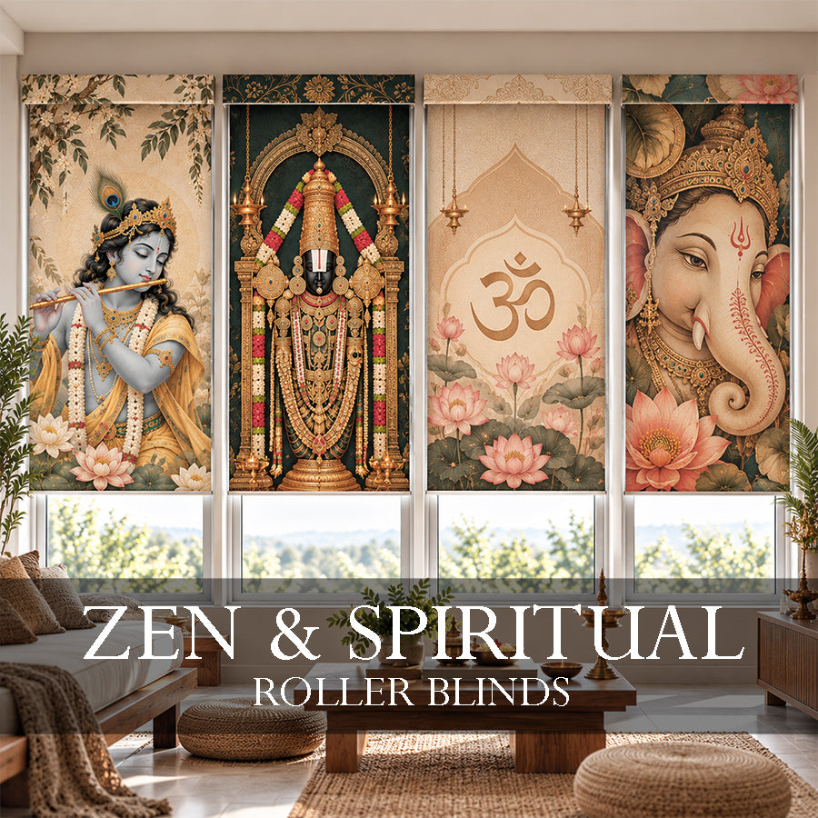 Zen and spiritual roller blinds featuring Lord Krishna, Lord Venkateswara, the Om symbol, and Lord Ganesha in a serene modern prayer room | Walls On Click