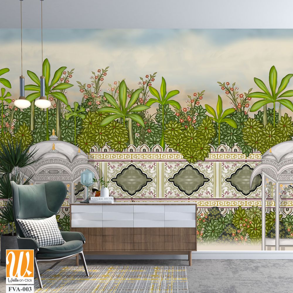 Beautiful garden scene with Indian Royalty Wallpaper [WP-FVA-003]