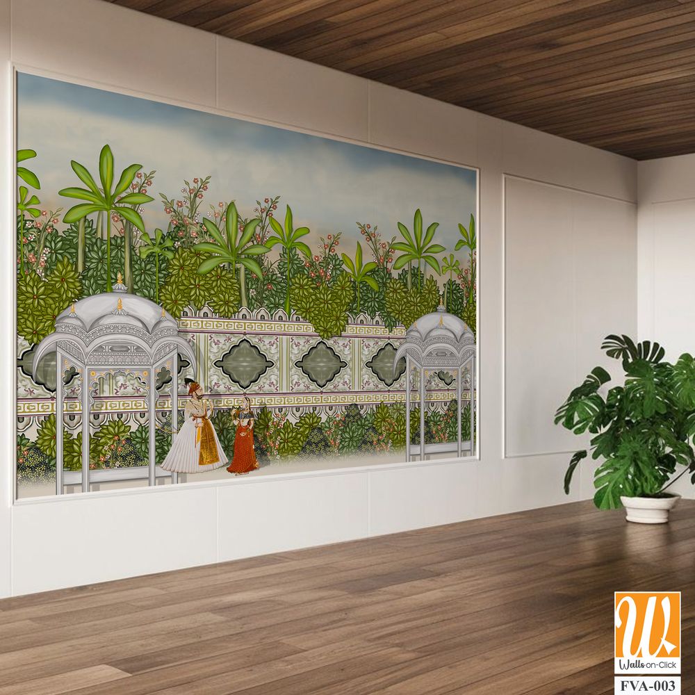 Beautiful garden scene with Indian Royalty Wallpaper [WP-FVA-003]