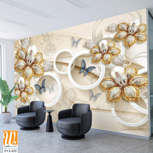 3D wallpaper with beautiful golden and silver flowers, butterflies [WP-FVA-035]