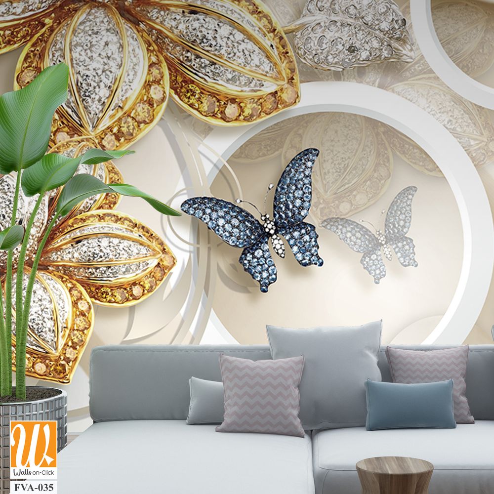 3D wallpaper with beautiful golden and silver flowers, butterflies [WP-FVA-035]