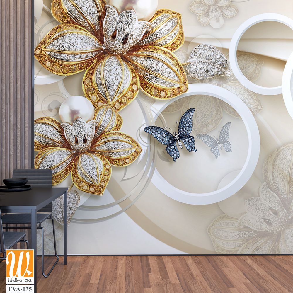 3D wallpaper with beautiful golden and silver flowers, butterflies [WP-FVA-035]