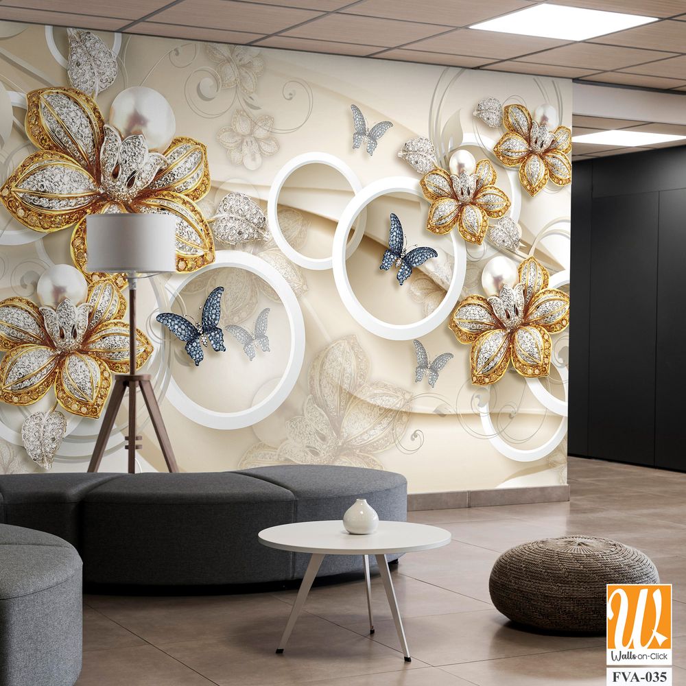 3D wallpaper with beautiful golden and silver flowers, butterflies [WP-FVA-035]