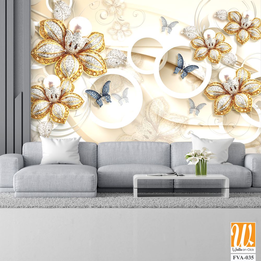 3D wallpaper with beautiful golden and silver flowers, butterflies [WP-FVA-035]