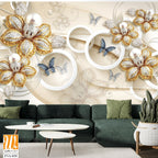 3D wallpaper with beautiful golden and silver flowers, butterflies [WP-FVA-035]