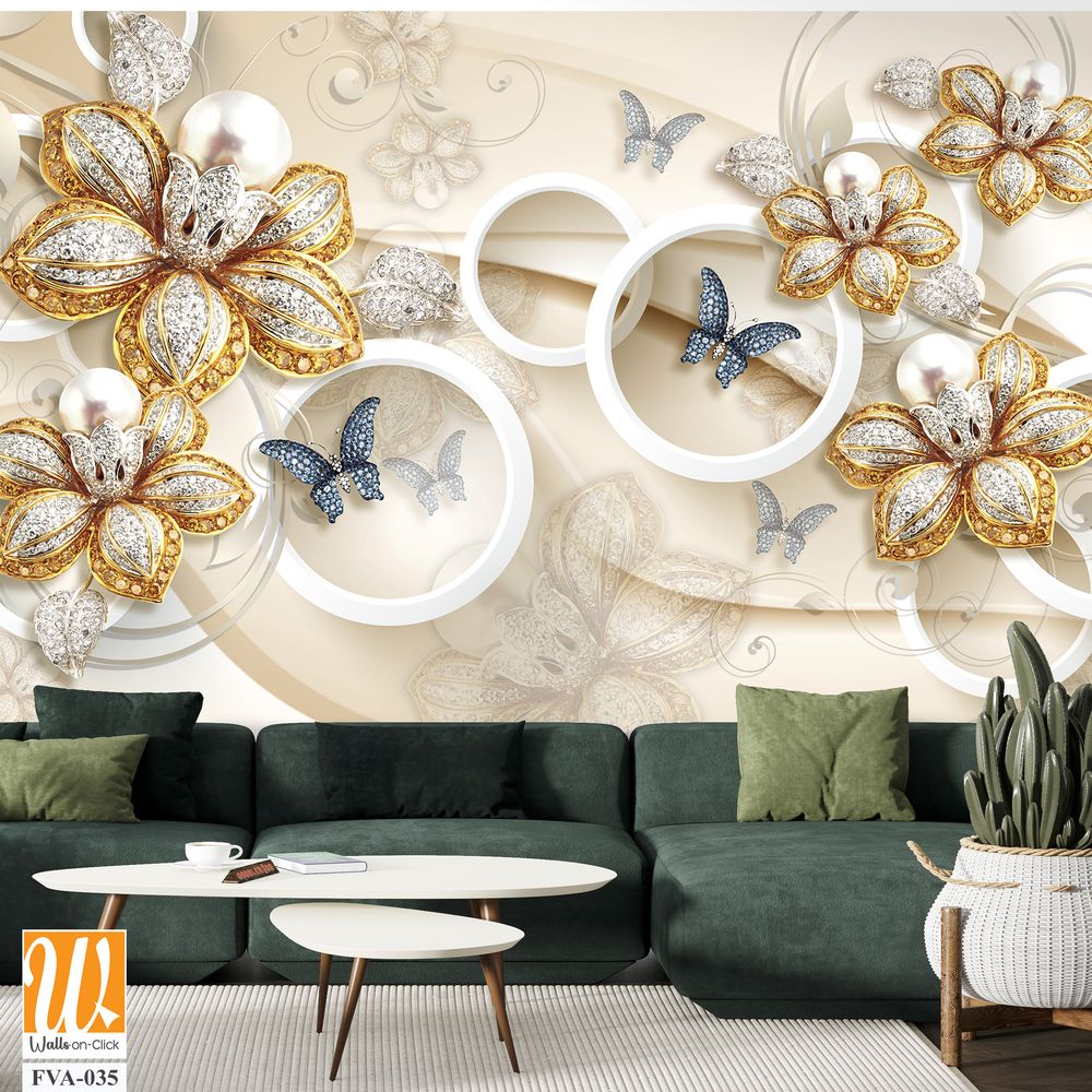 3D wallpaper with beautiful golden and silver flowers, butterflies [WP-FVA-035]