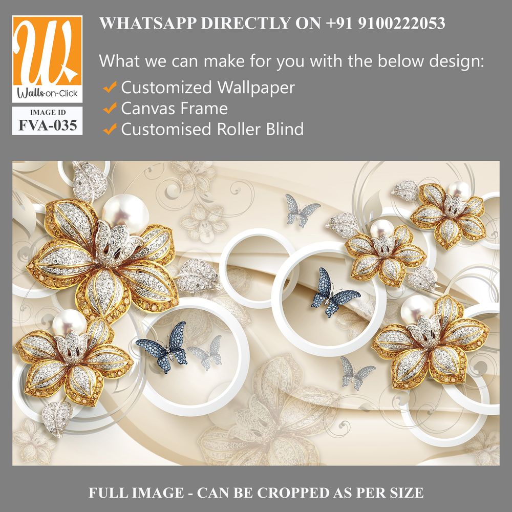 3D wallpaper with beautiful golden and silver flowers, butterflies [WP-FVA-035]