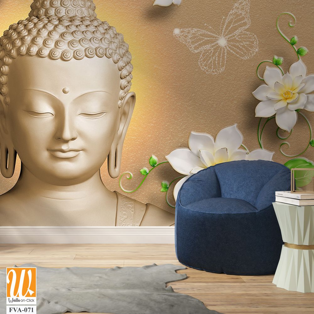Buddha face with white flowers and green leaves Wallpaper [WP-FVA-071]