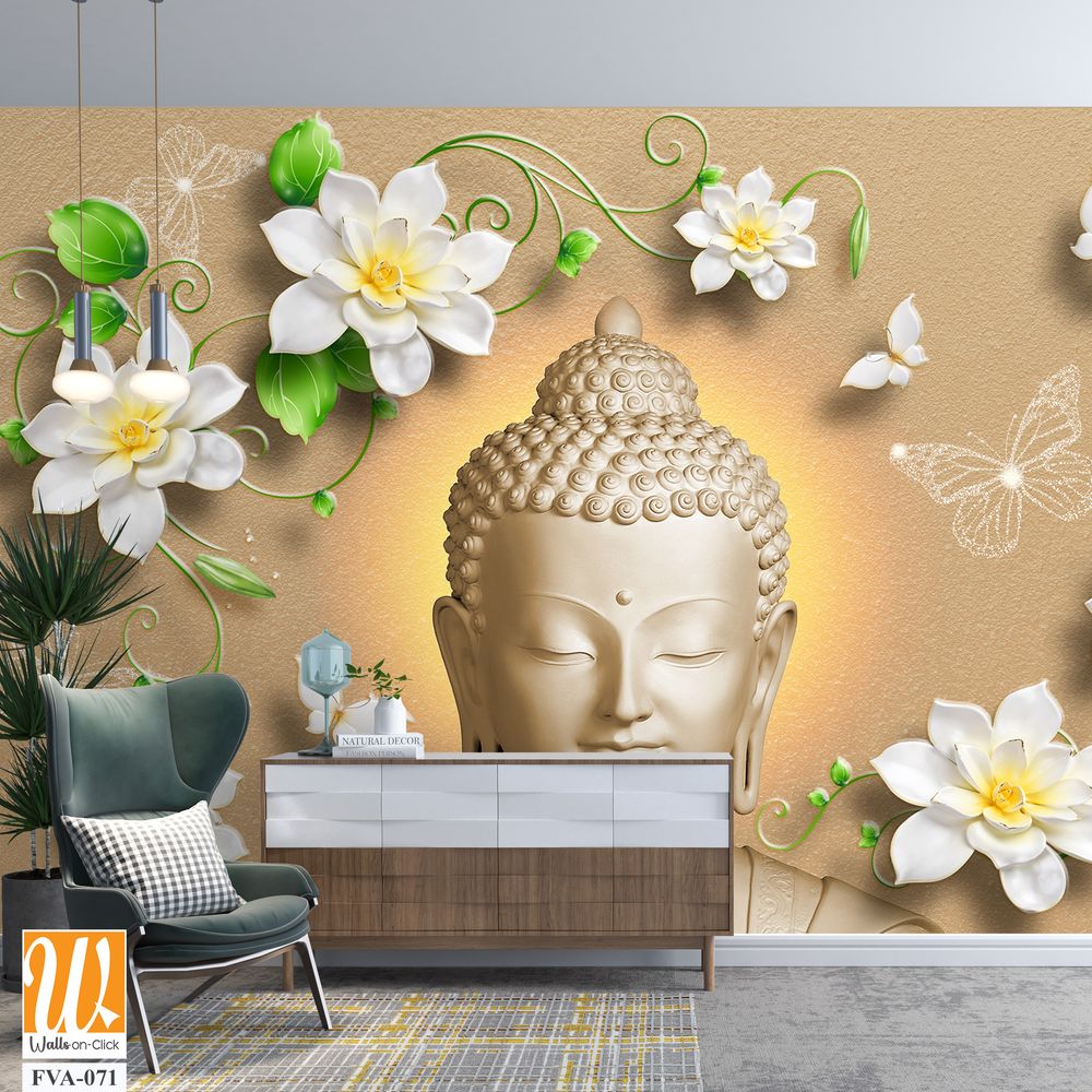 Buddha face with white flowers and green leaves Wallpaper [WP-FVA-071]