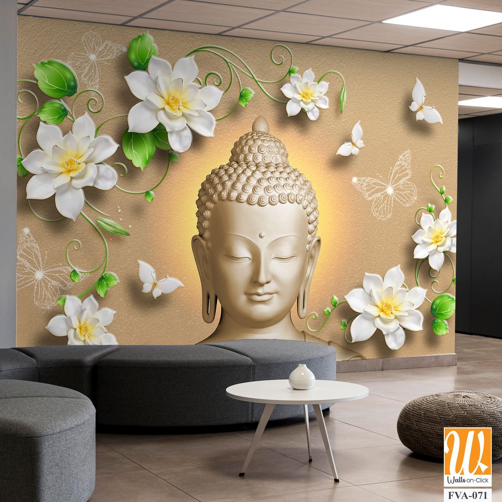 Buddha face with white flowers and green leaves Wallpaper [WP-FVA-071]