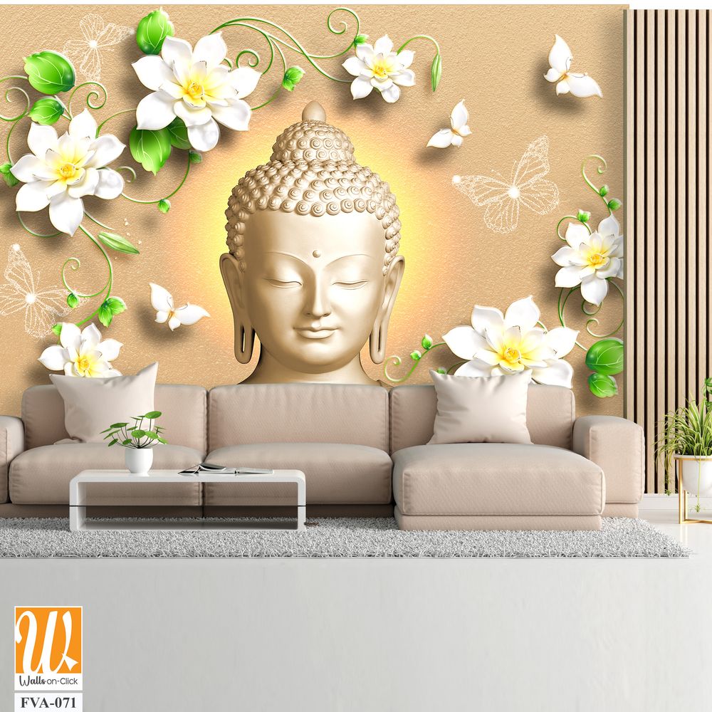 Buddha face with white flowers and green leaves Wallpaper [WP-FVA-071]
