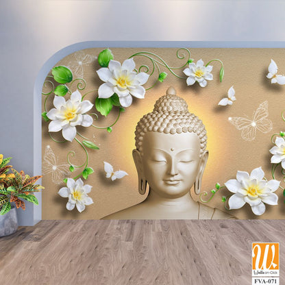 Buddha face with white flowers and green leaves Wallpaper [WP-FVA-071]