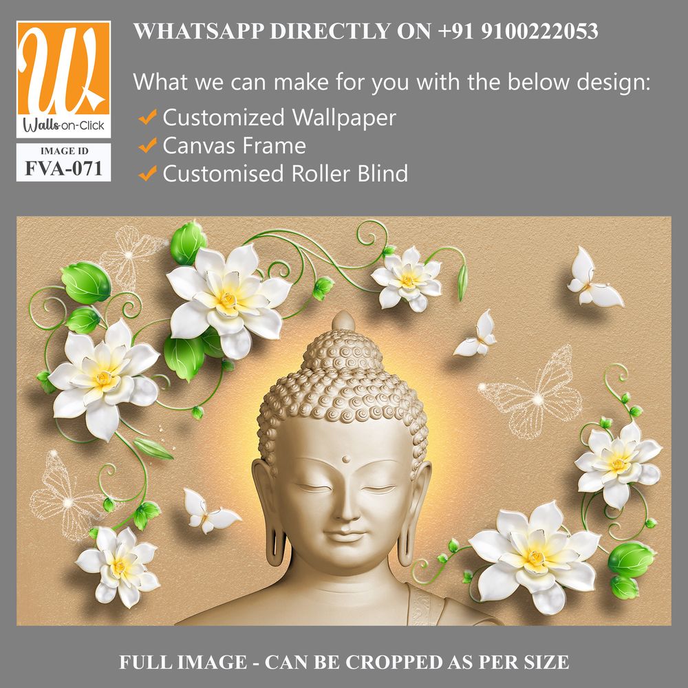 Buddha face with white flowers and green leaves Wallpaper [WP-FVA-071]