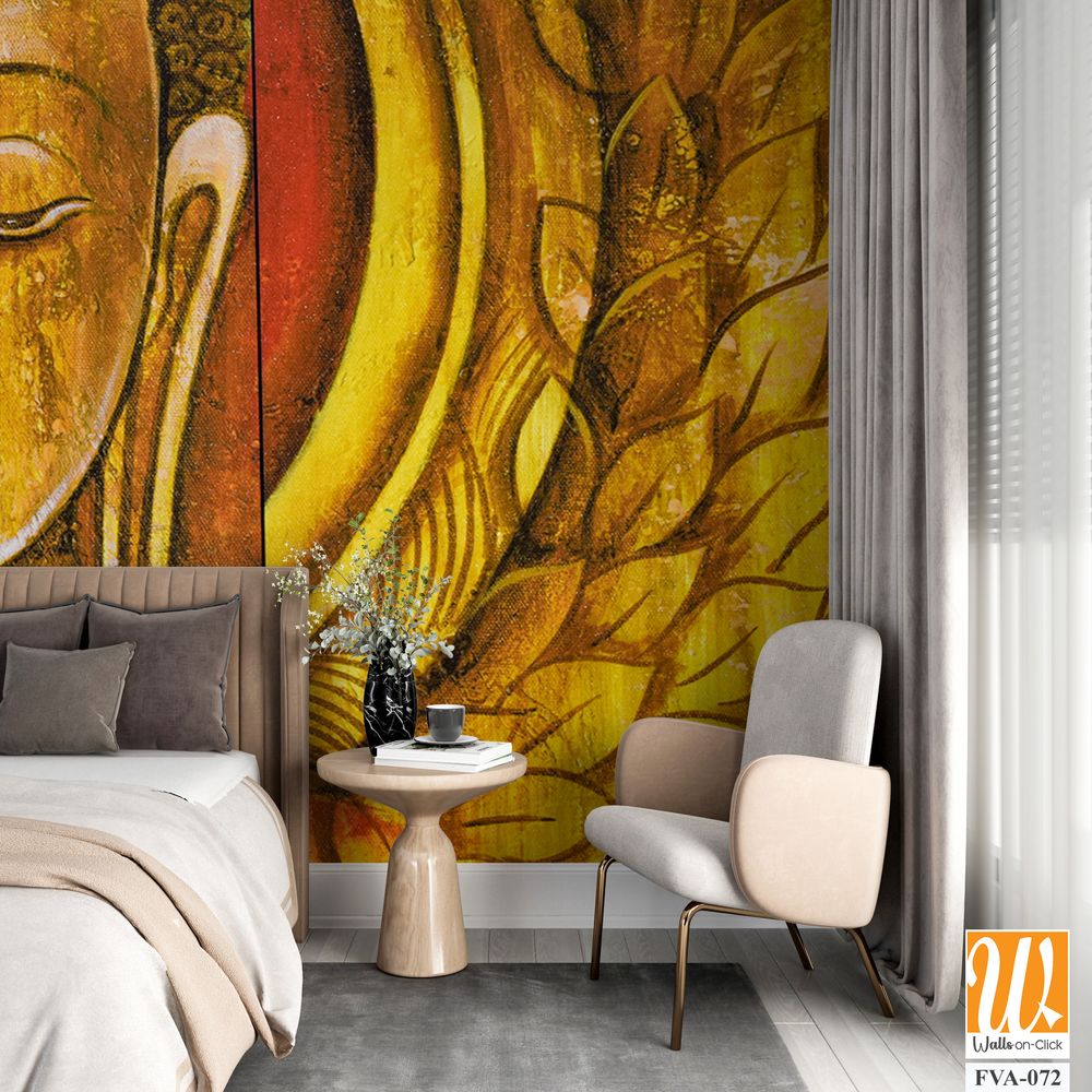 Buddha portrait with decorative leaves on a wooden panel Wallpaper [WP-FVA-072]