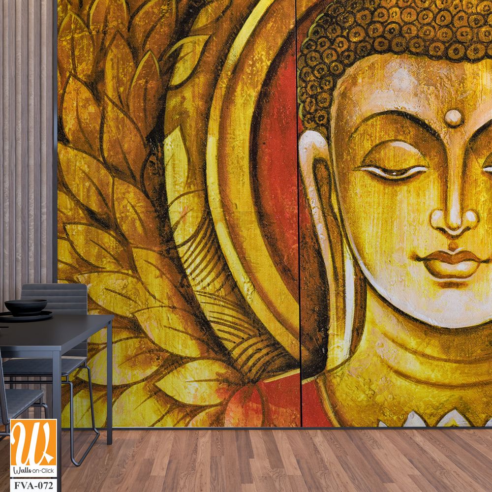 Buddha portrait with decorative leaves on a wooden panel Wallpaper [WP-FVA-072]