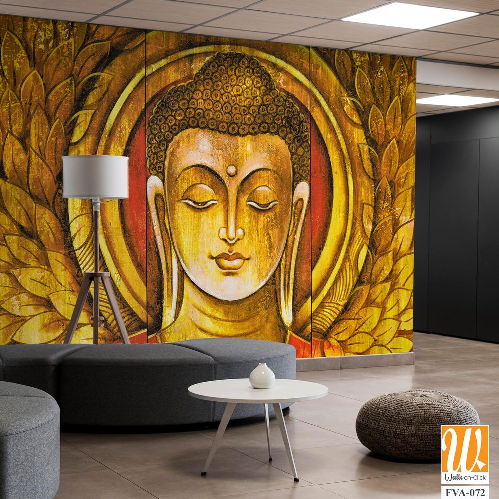 Buddha portrait with decorative leaves on a wooden panel Wallpaper [WP-FVA-072]