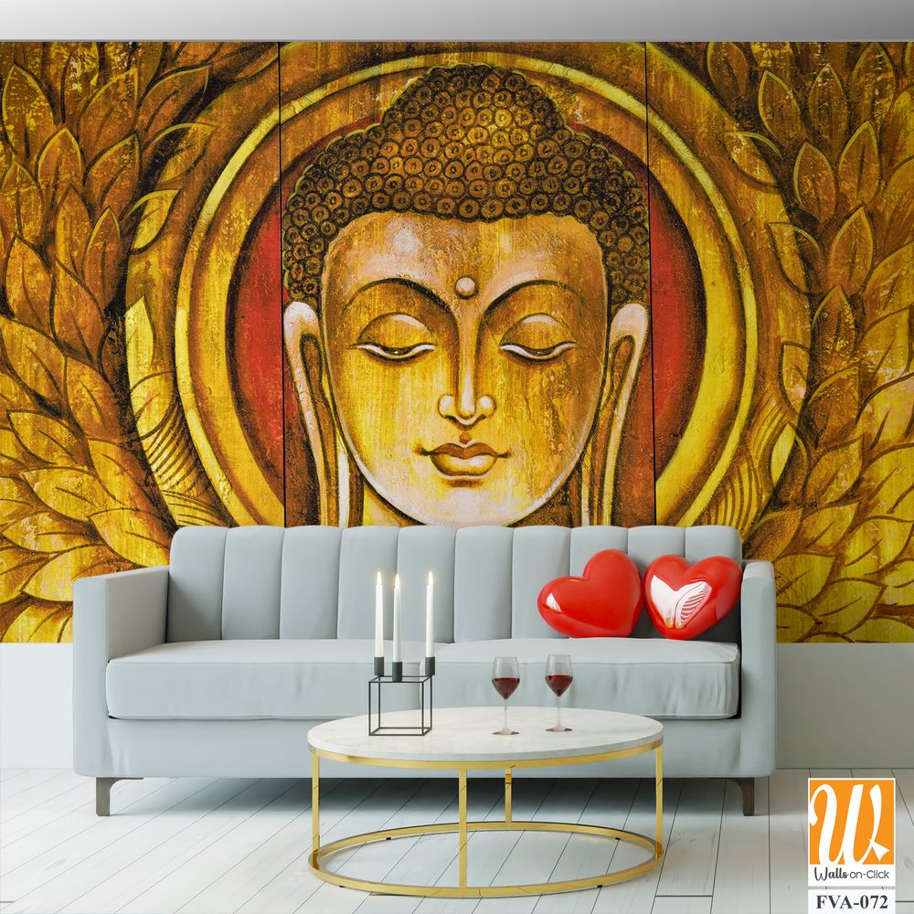 Buddha portrait with decorative leaves on a wooden panel Wallpaper [WP-FVA-072]