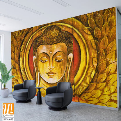 Buddha portrait with decorative leaves on a wooden panel Wallpaper [WP-FVA-072]