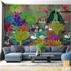 Whimsical garden scene with swans, peacocks, and lily pads Wallpaper [WP-FVA-162]