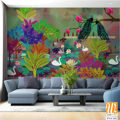 Whimsical garden scene with swans, peacocks, and lily pads Wallpaper [WP-FVA-162]