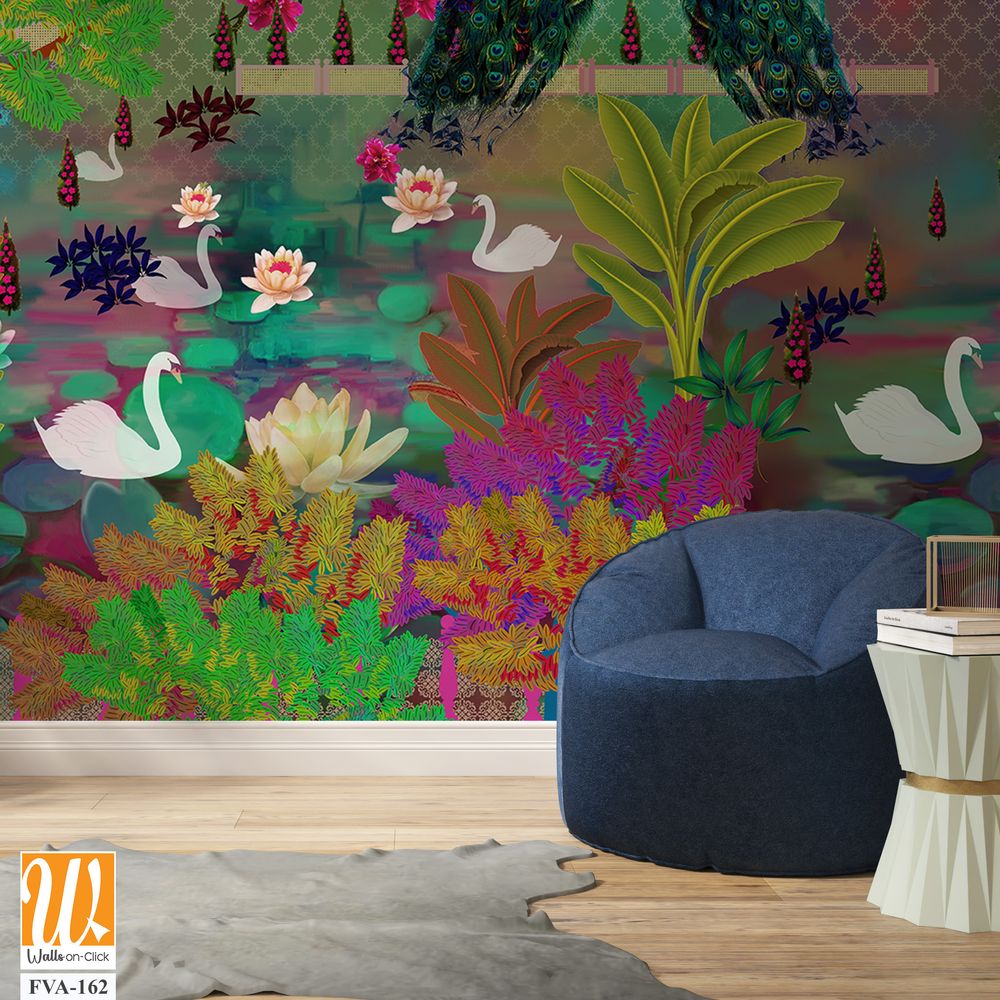 Whimsical garden scene with swans, peacocks, and lily pads Wallpaper [WP-FVA-162]