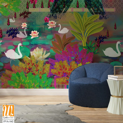 Whimsical garden scene with swans, peacocks, and lily pads Wallpaper [WP-FVA-162]