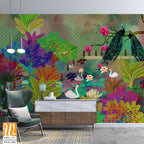 Whimsical garden scene with swans, peacocks, and lily pads Wallpaper [WP-FVA-162]