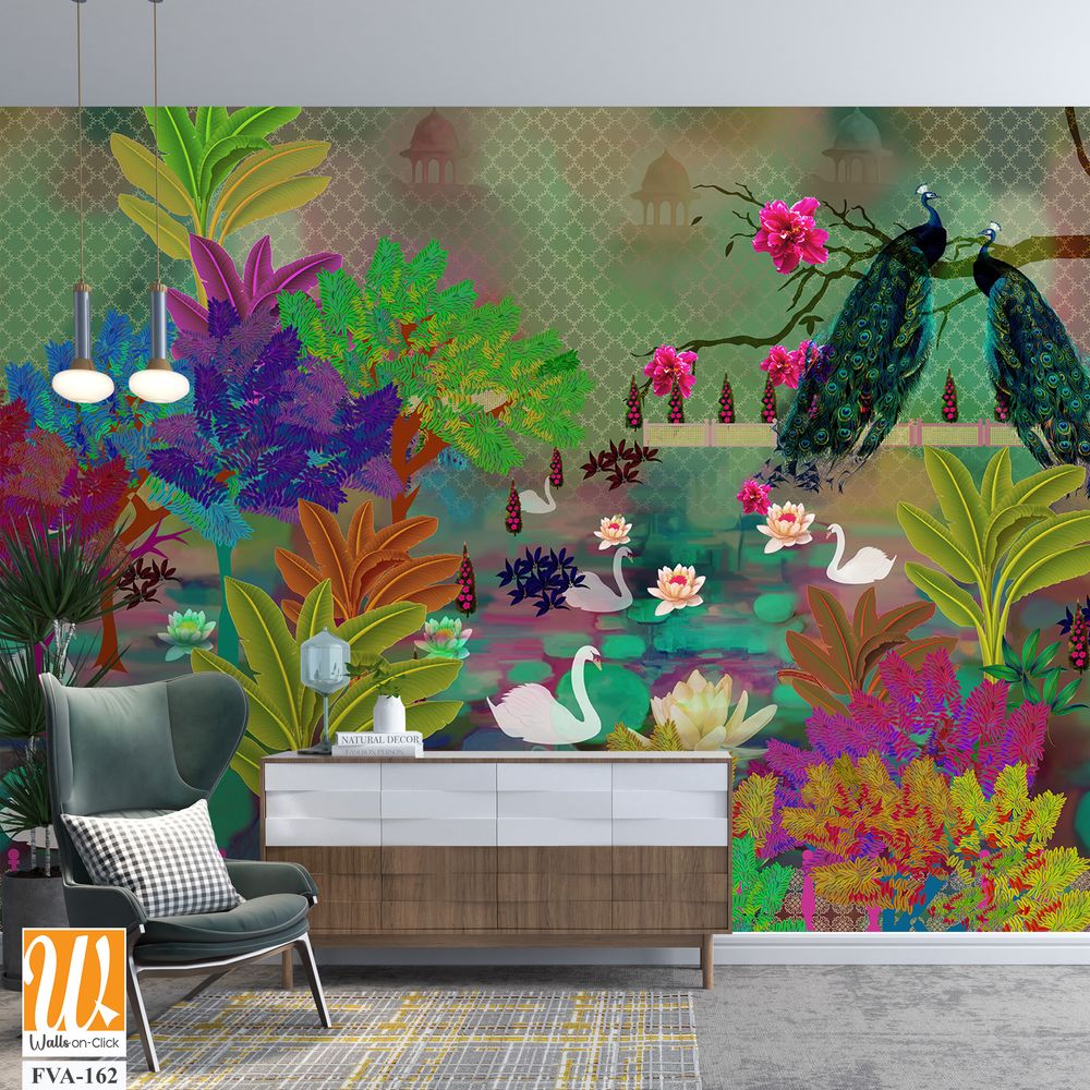 Whimsical garden scene with swans, peacocks, and lily pads Wallpaper [WP-FVA-162]