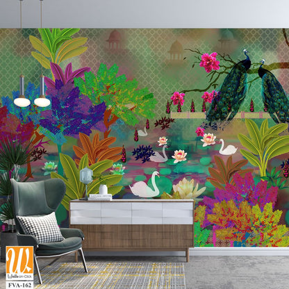 Whimsical garden scene with swans, peacocks, and lily pads Wallpaper [WP-FVA-162]