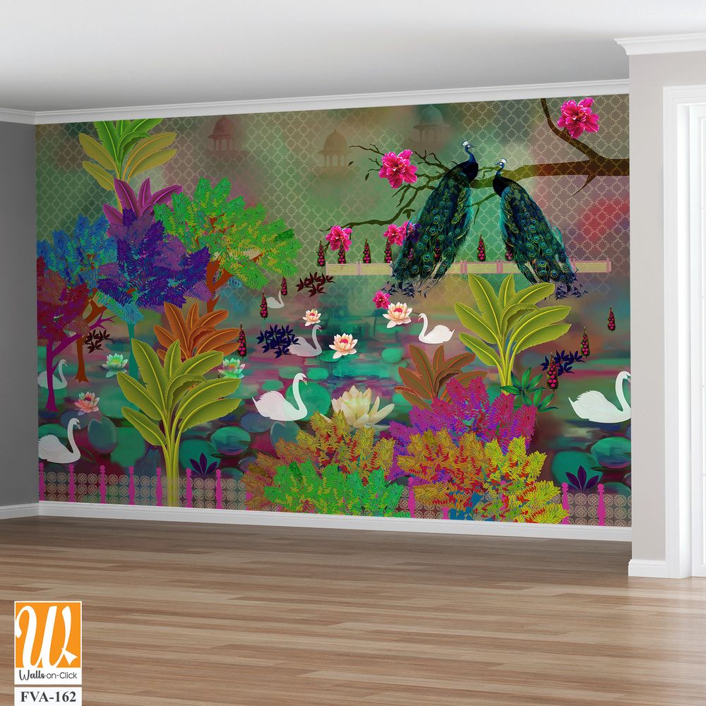Whimsical garden scene with swans, peacocks, and lily pads Wallpaper [WP-FVA-162]