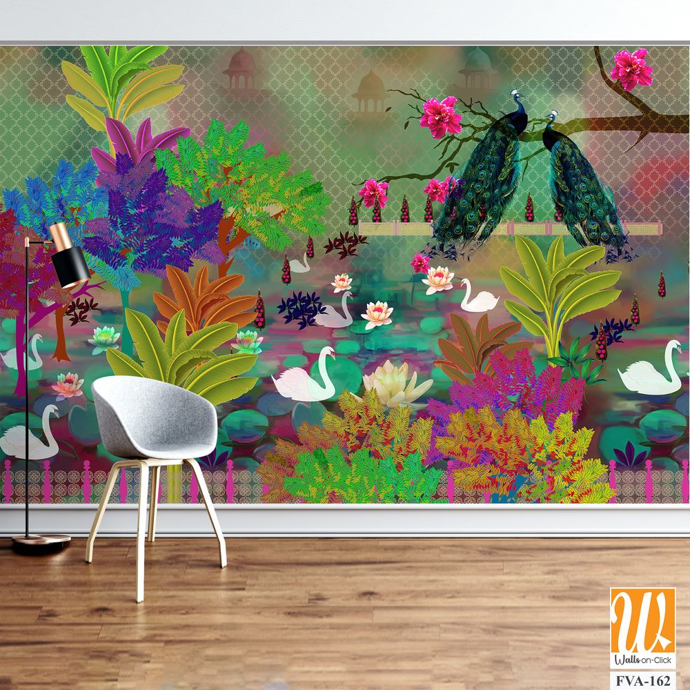 Whimsical garden scene with swans, peacocks, and lily pads Wallpaper [WP-FVA-162]