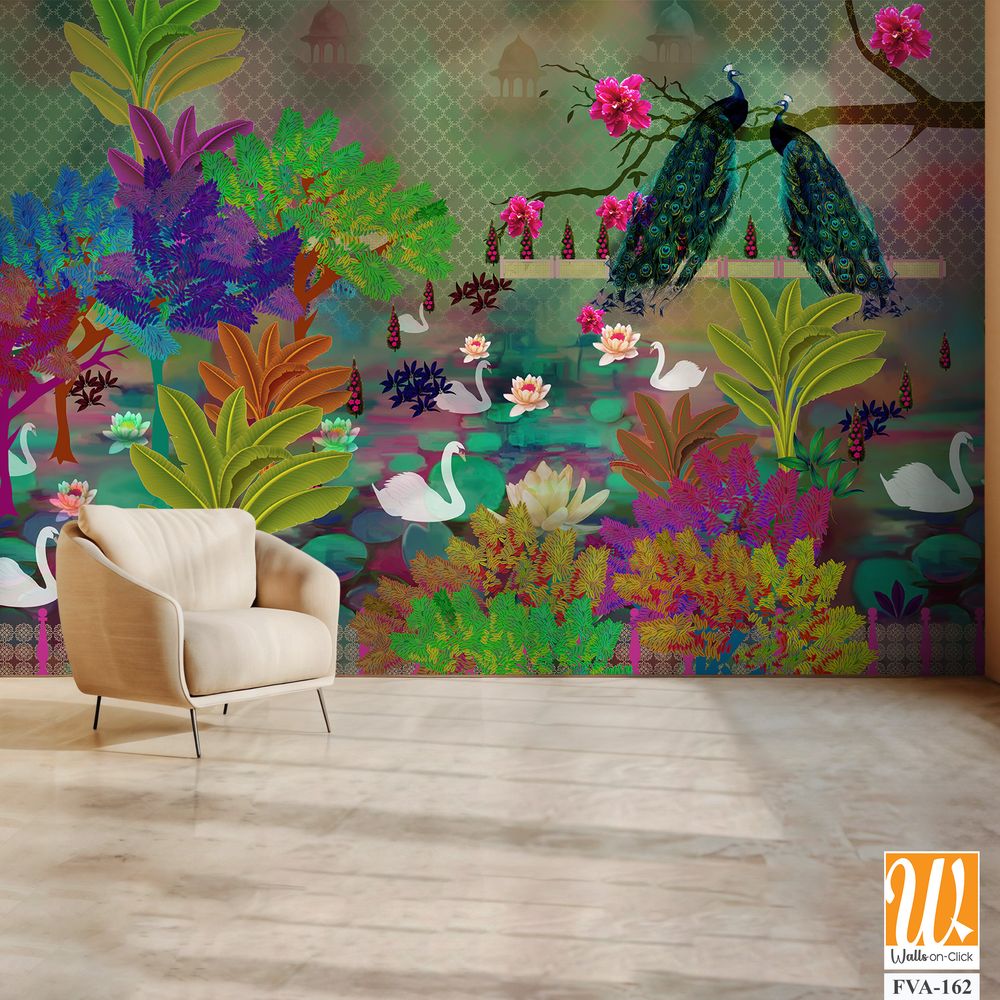 Whimsical garden scene with swans, peacocks, and lily pads Wallpaper [WP-FVA-162]