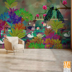 Whimsical garden scene with swans, peacocks, and lily pads Wallpaper [WP-FVA-162]