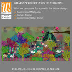 Whimsical garden scene with swans, peacocks, and lily pads Wallpaper [WP-FVA-162]
