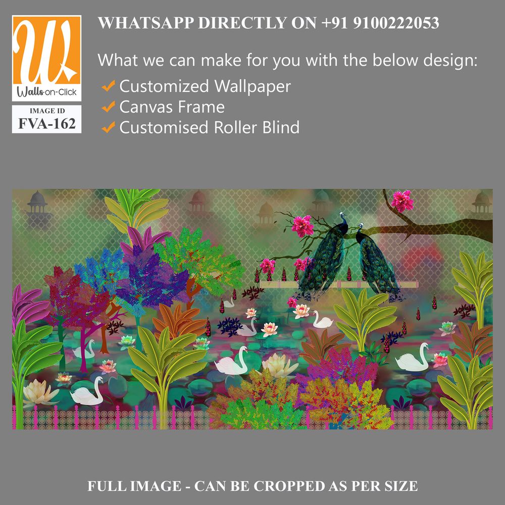 Whimsical garden scene with swans, peacocks, and lily pads Wallpaper [WP-FVA-162]