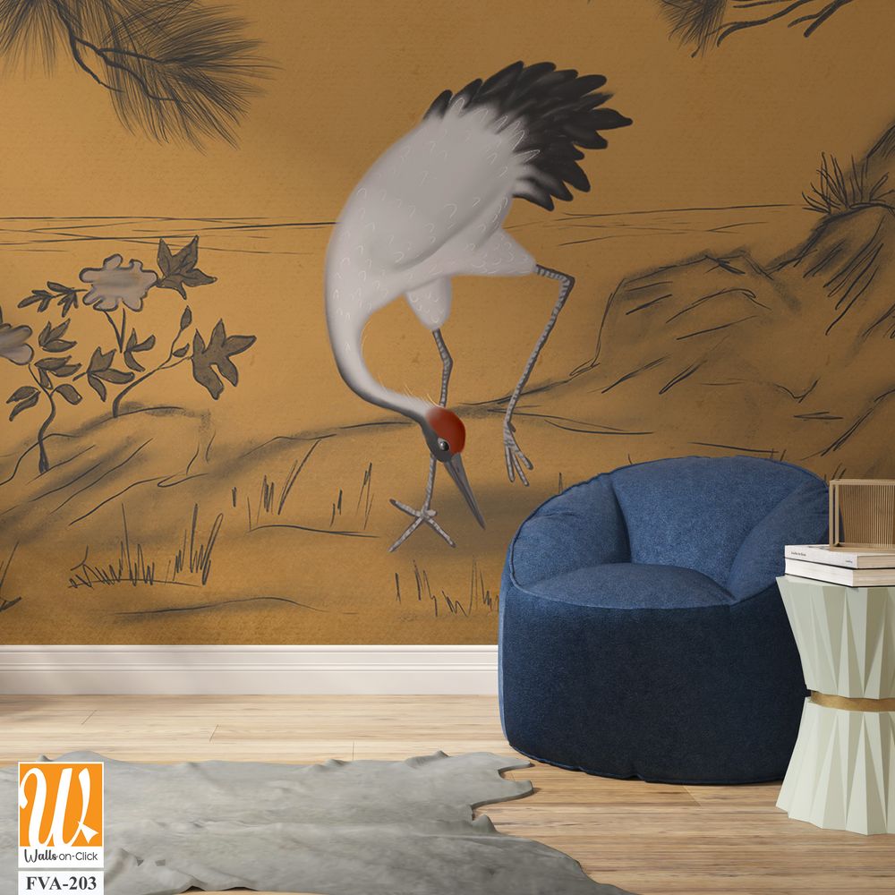 Japanese artwork of an elegant crane Wallpaper [WP-FVA-203]
