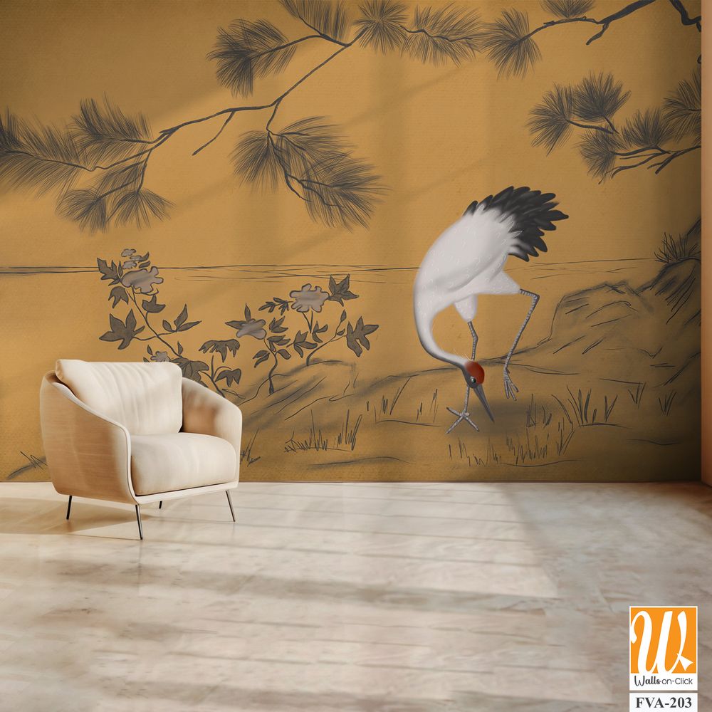 Japanese artwork of an elegant crane Wallpaper [WP-FVA-203]