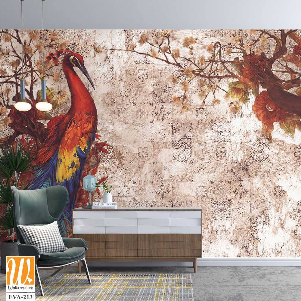 Vintage wall mural, oil painting with a beautiful peacock [WP-FVA-213]