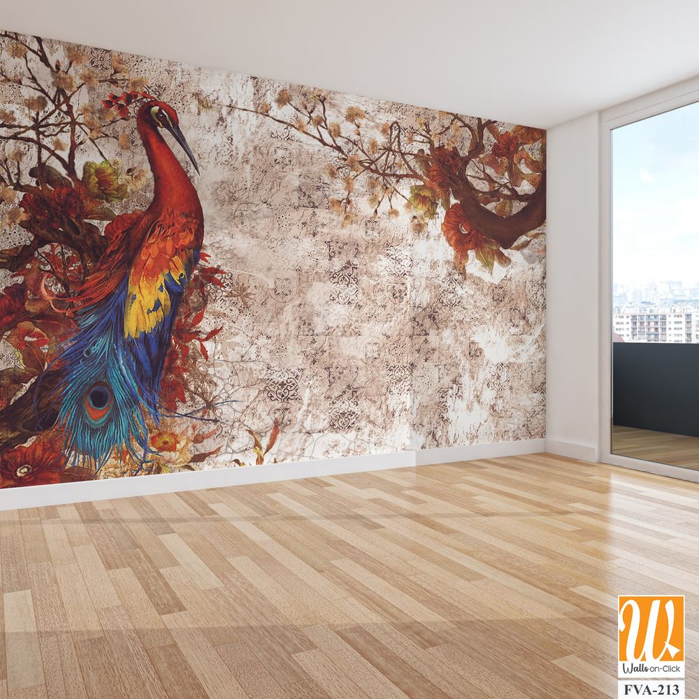 Vintage wall mural, oil painting with a beautiful peacock [WP-FVA-213]