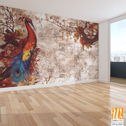Vintage wall mural, oil painting with a beautiful peacock [WP-FVA-213]