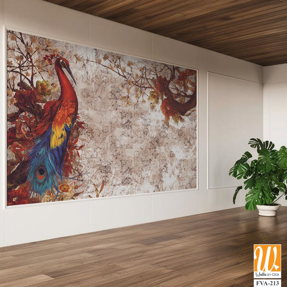 Vintage wall mural, oil painting with a beautiful peacock [WP-FVA-213]