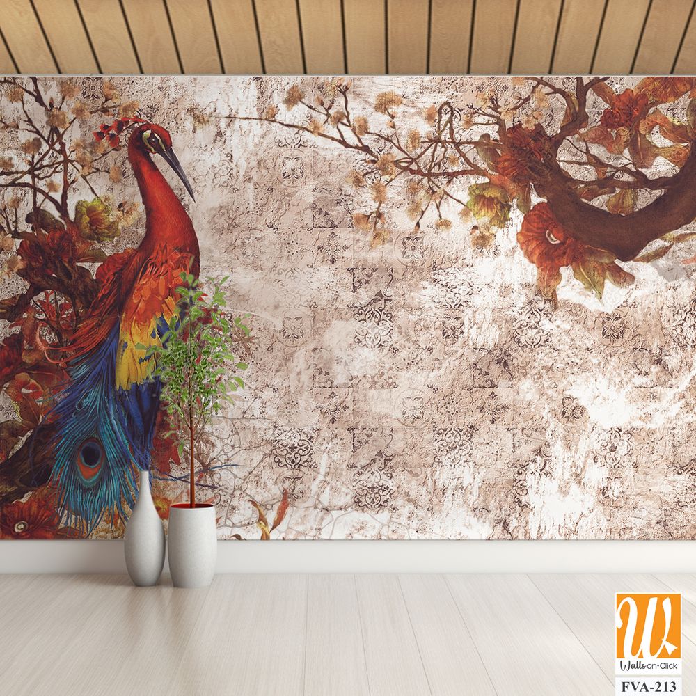 Vintage wall mural, oil painting with a beautiful peacock [WP-FVA-213]