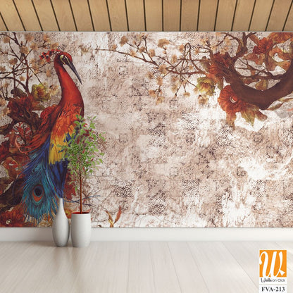 Vintage wall mural, oil painting with a beautiful peacock [WP-FVA-213]