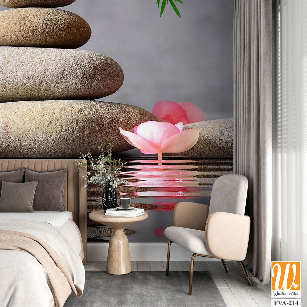 Buddha statue in red and gold, sitting atop river rocks [WP-FVA-214]