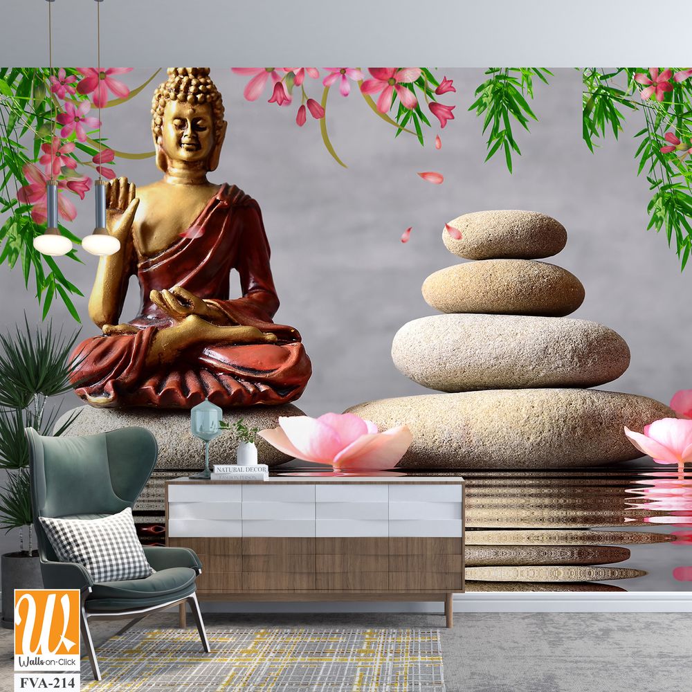 Buddha statue in red and gold, sitting atop river rocks [WP-FVA-214]