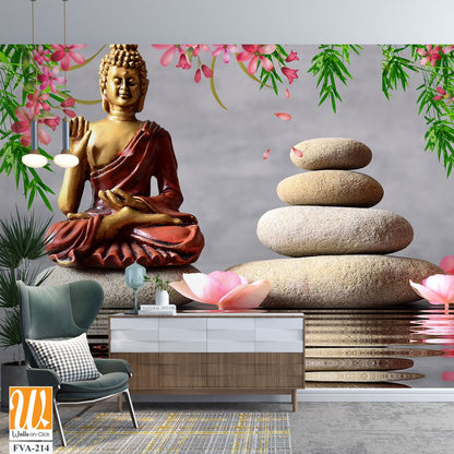 Buddha statue in red and gold, sitting atop river rocks [WP-FVA-214]