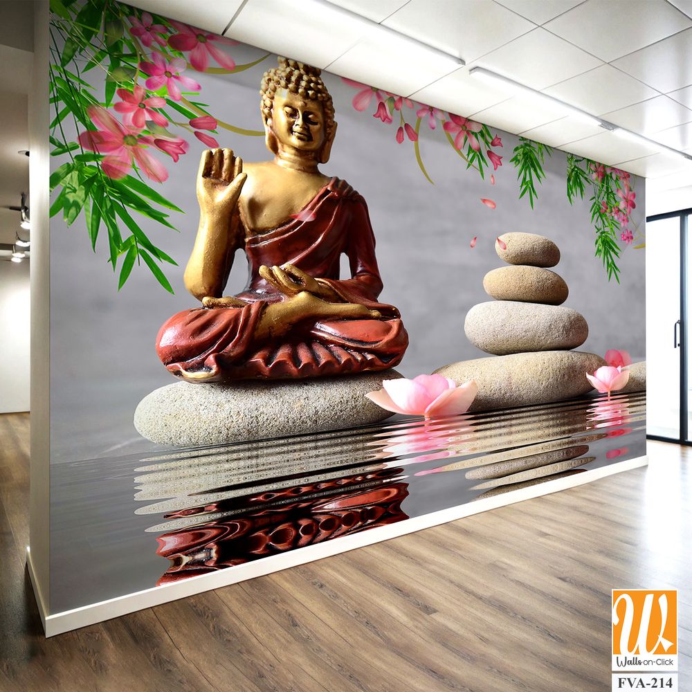 Buddha statue in red and gold, sitting atop river rocks [WP-FVA-214]